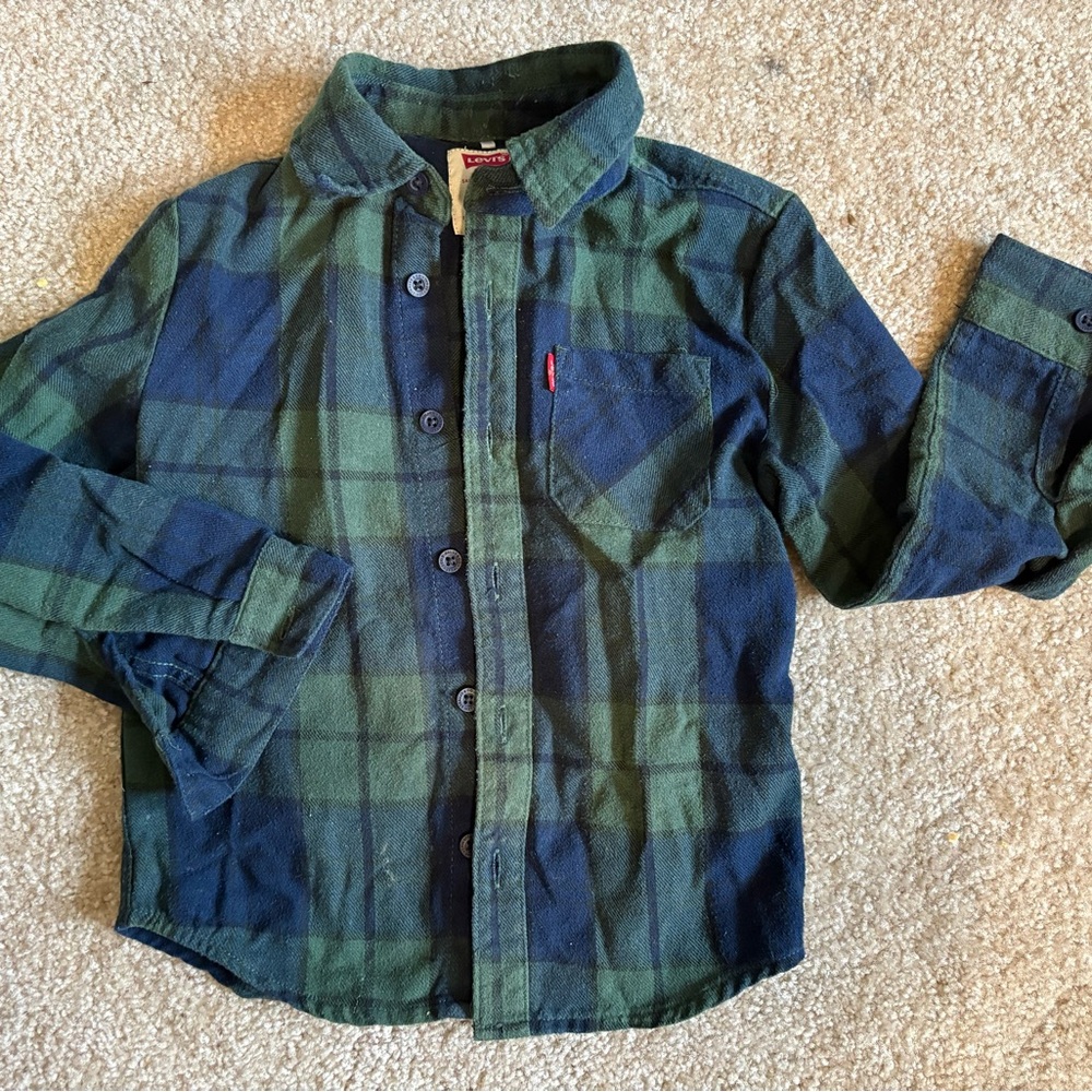 Green and Blue Tartan Plaid Button-Up Shirt (Levi’s, 4/5T)